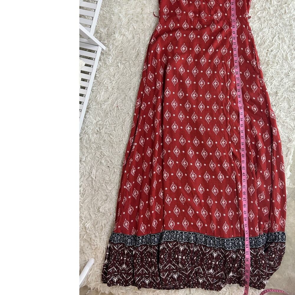Long Tall Sally Womens Sz 8 Tall  Red Boho Wrap Tie Waist V Neck Maxi Dress 0530 - Picture 12 of 15